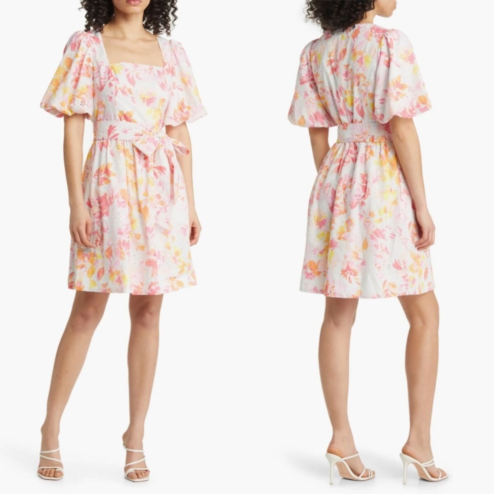 Eliza J | Floral Eyelet Puff Sleeve Dress White Pink Size 2